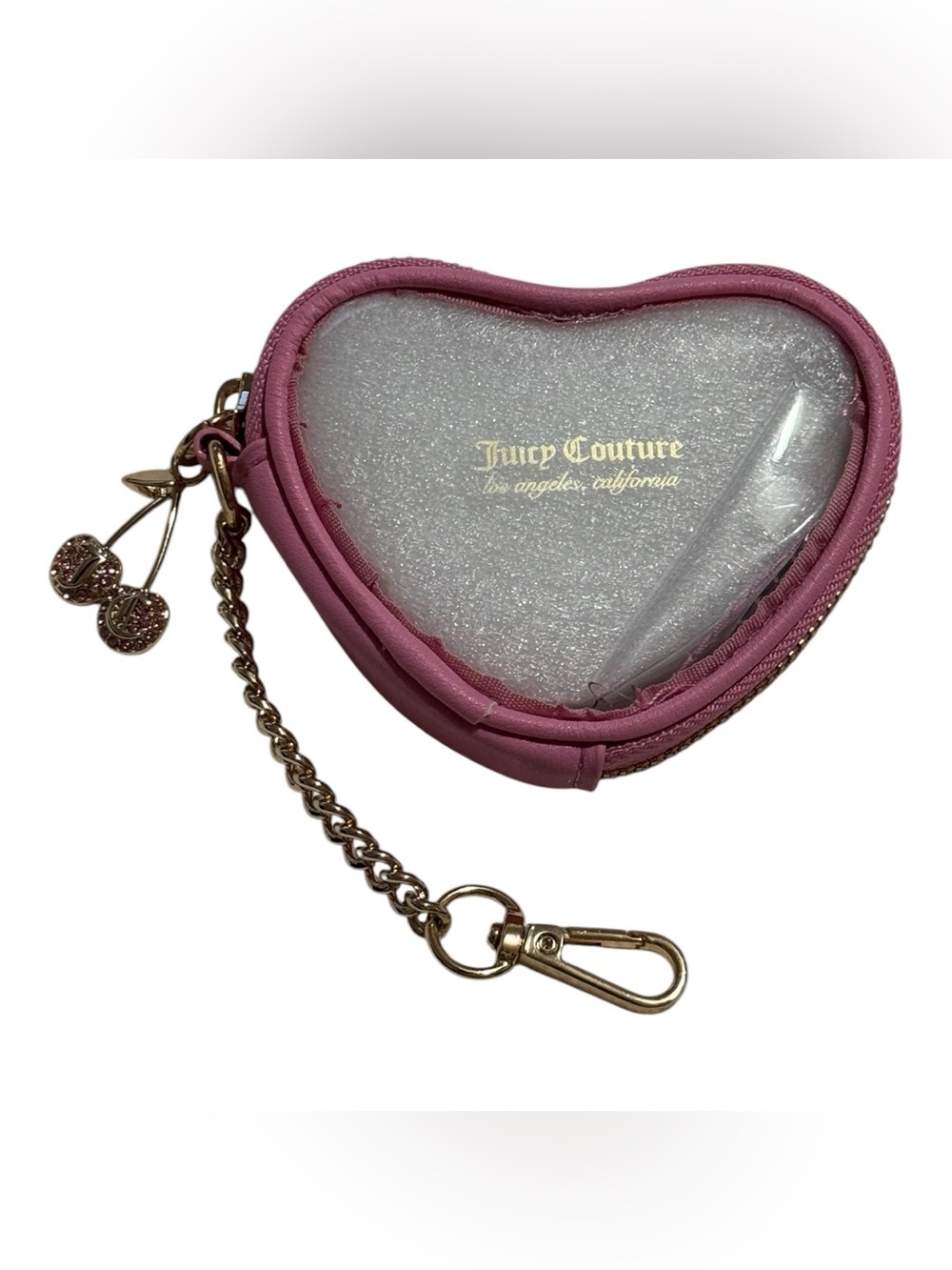 Juicy Couture Keychain Wristlet Coin Purse Pink Gold Cherry Heart Shaped NWOT